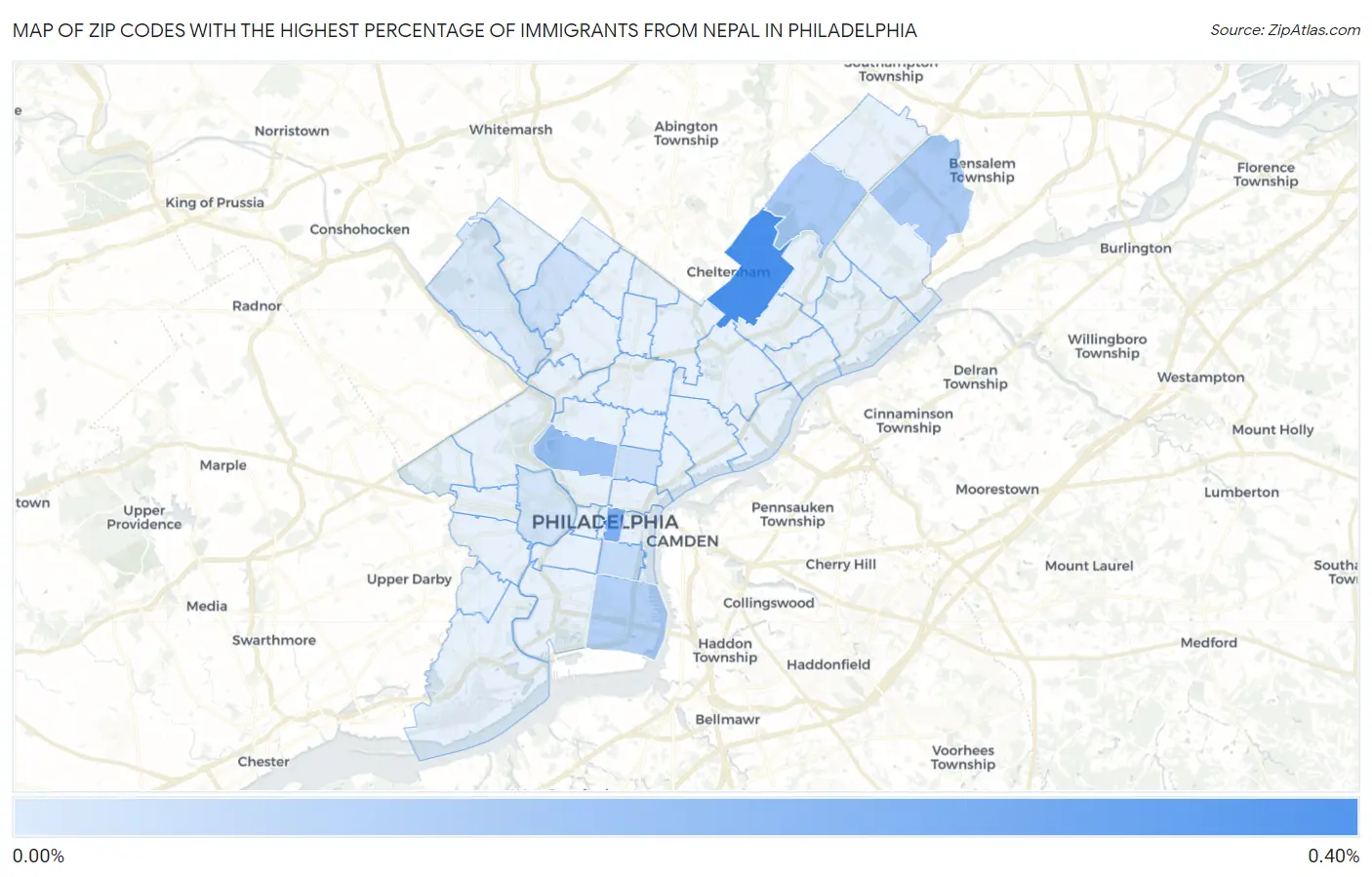 Zip Codes with the Highest Percentage of Immigrants from Nepal in Philadelphia Map