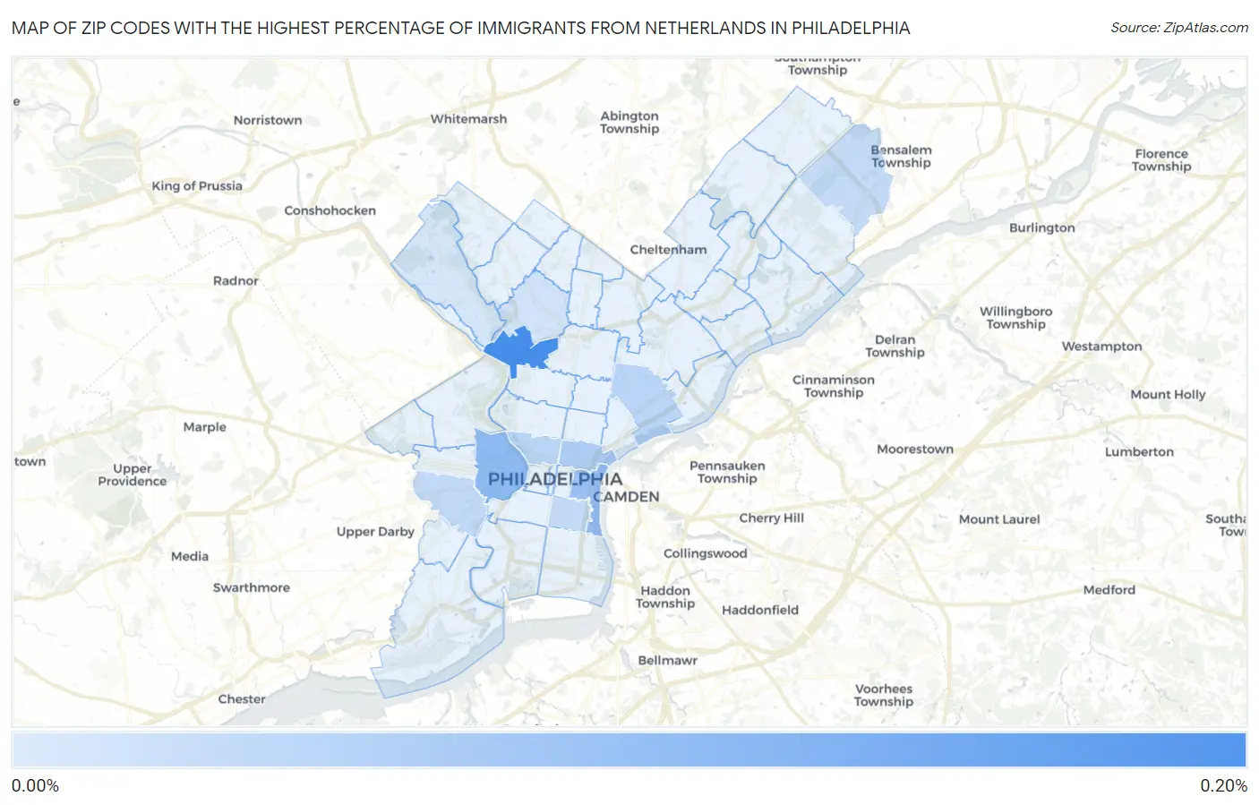 Zip Codes with the Highest Percentage of Immigrants from Netherlands in Philadelphia Map