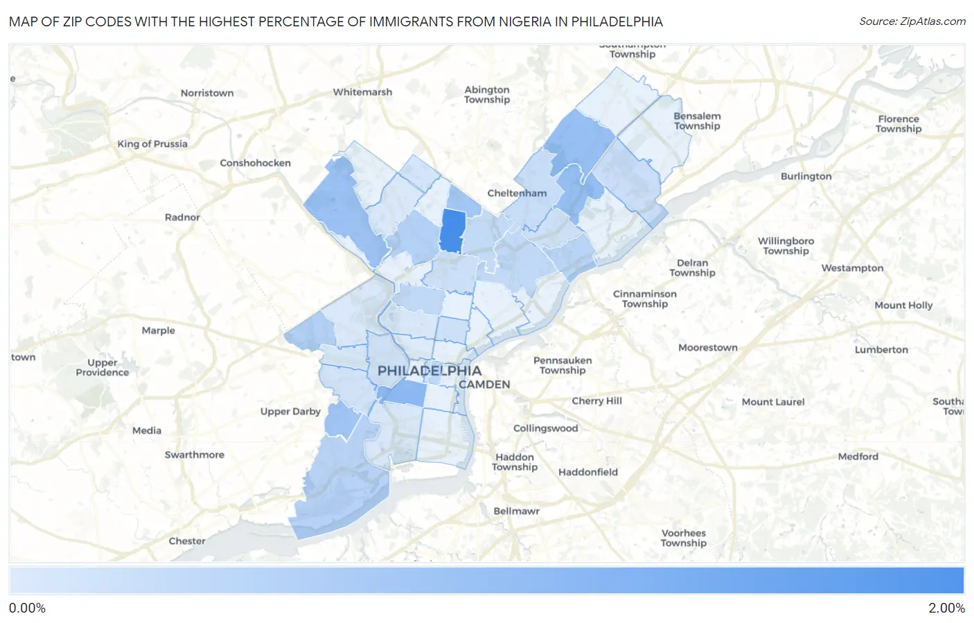 Zip Codes with the Highest Percentage of Immigrants from Nigeria in Philadelphia Map