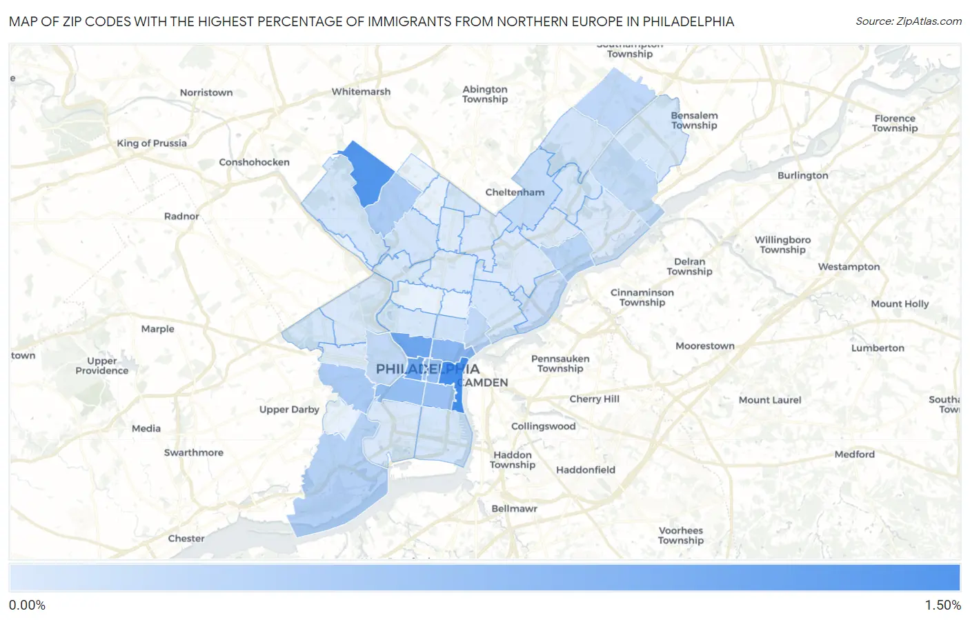 Zip Codes with the Highest Percentage of Immigrants from Northern Europe in Philadelphia Map
