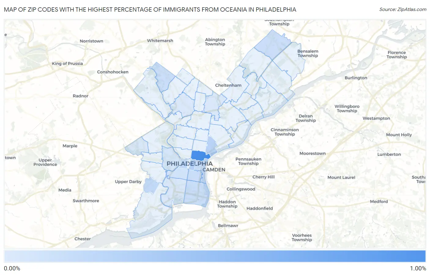 Zip Codes with the Highest Percentage of Immigrants from Oceania in Philadelphia Map
