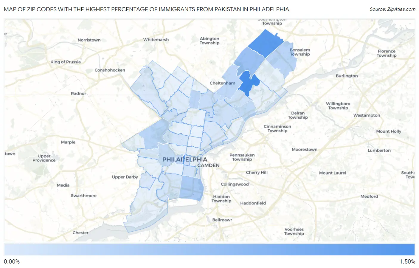Zip Codes with the Highest Percentage of Immigrants from Pakistan in Philadelphia Map