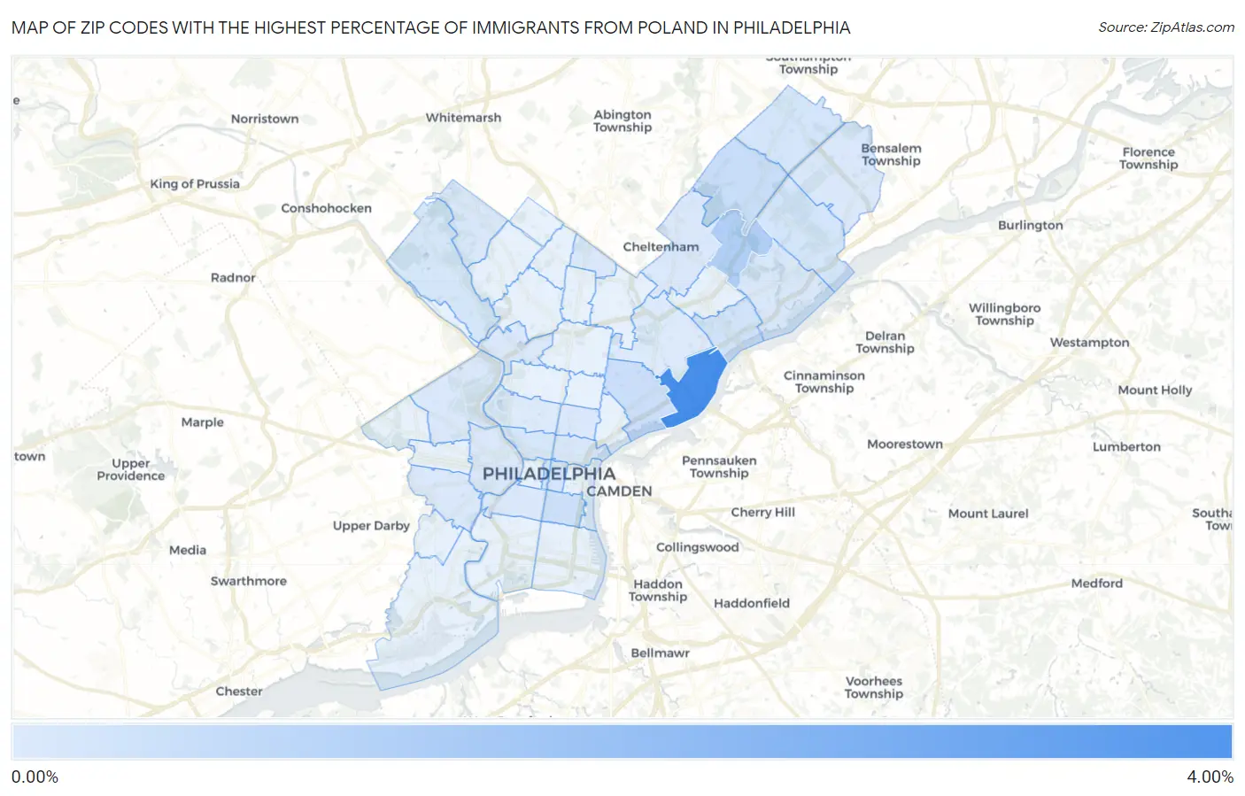 Zip Codes with the Highest Percentage of Immigrants from Poland in Philadelphia Map