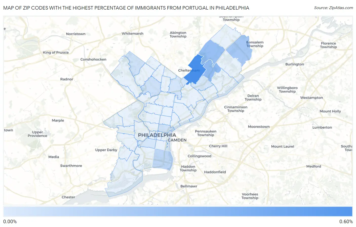 Zip Codes with the Highest Percentage of Immigrants from Portugal in Philadelphia Map
