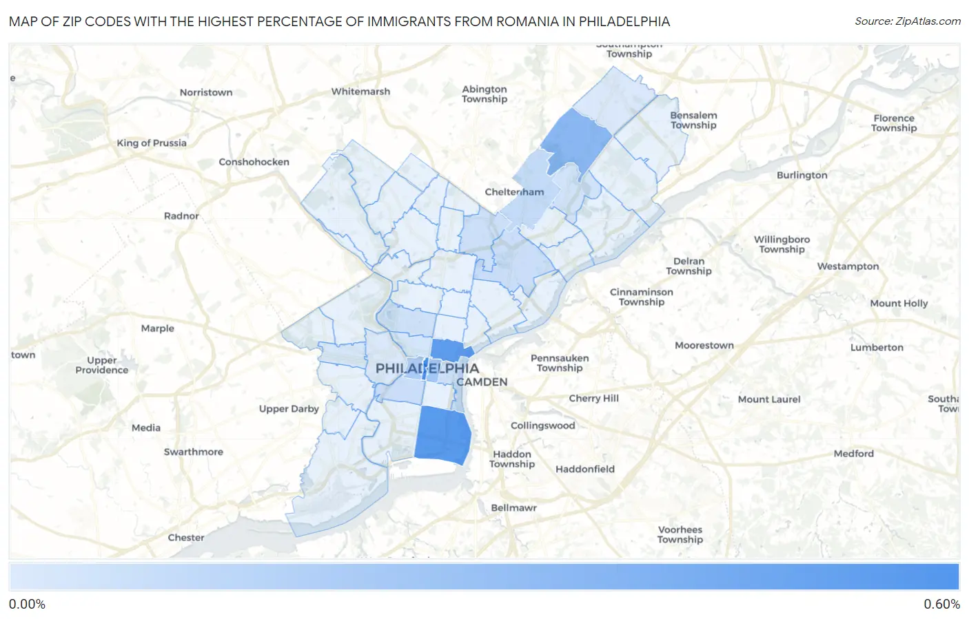 Zip Codes with the Highest Percentage of Immigrants from Romania in Philadelphia Map