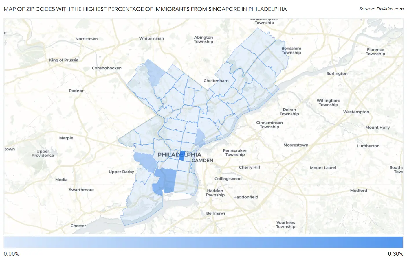 Zip Codes with the Highest Percentage of Immigrants from Singapore in Philadelphia Map