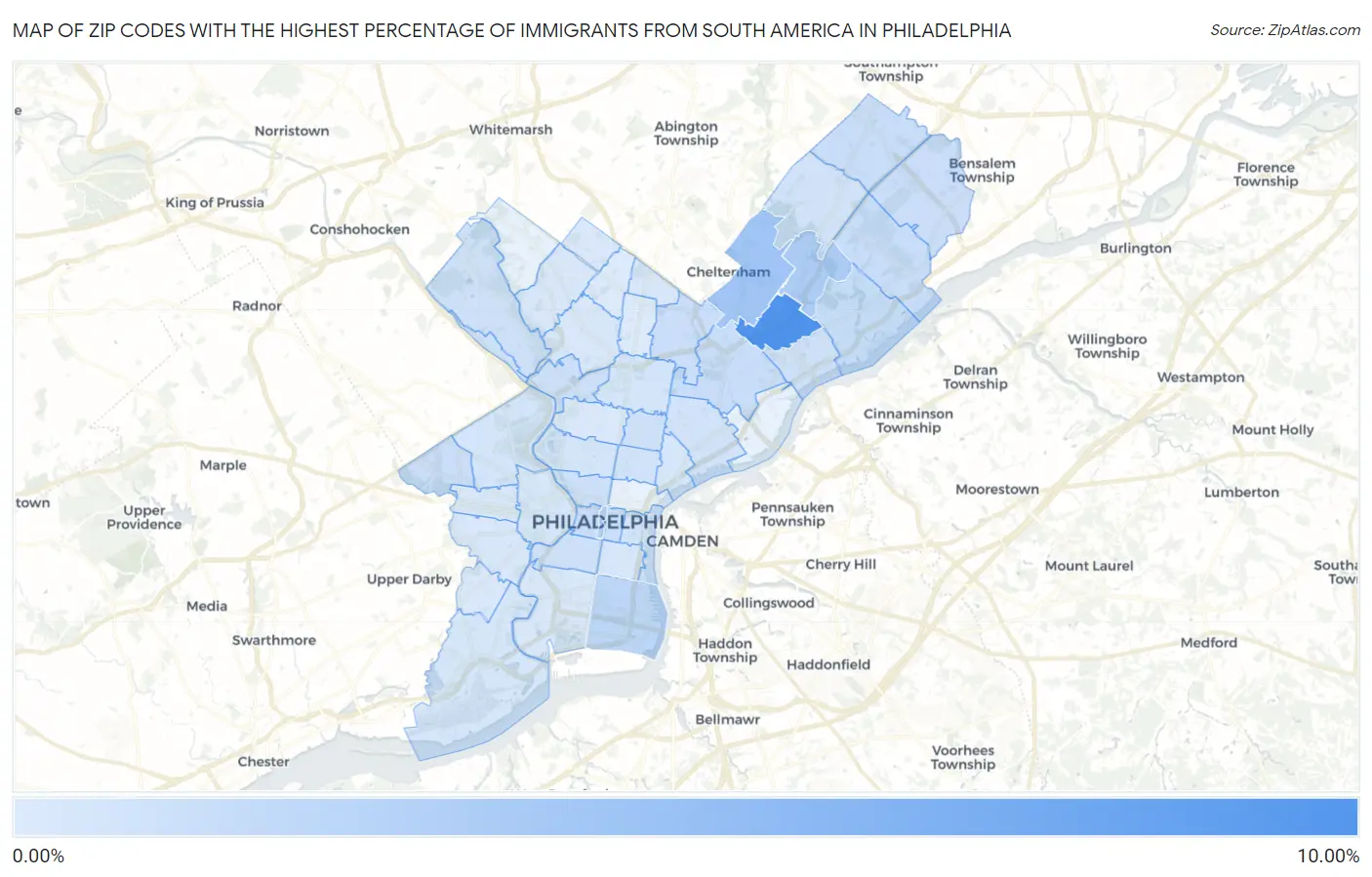 Zip Codes with the Highest Percentage of Immigrants from South America in Philadelphia Map