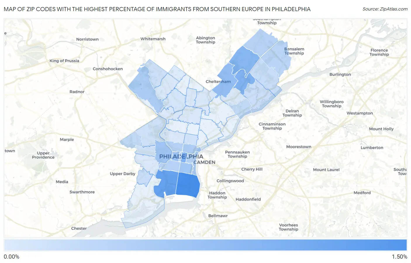Zip Codes with the Highest Percentage of Immigrants from Southern Europe in Philadelphia Map