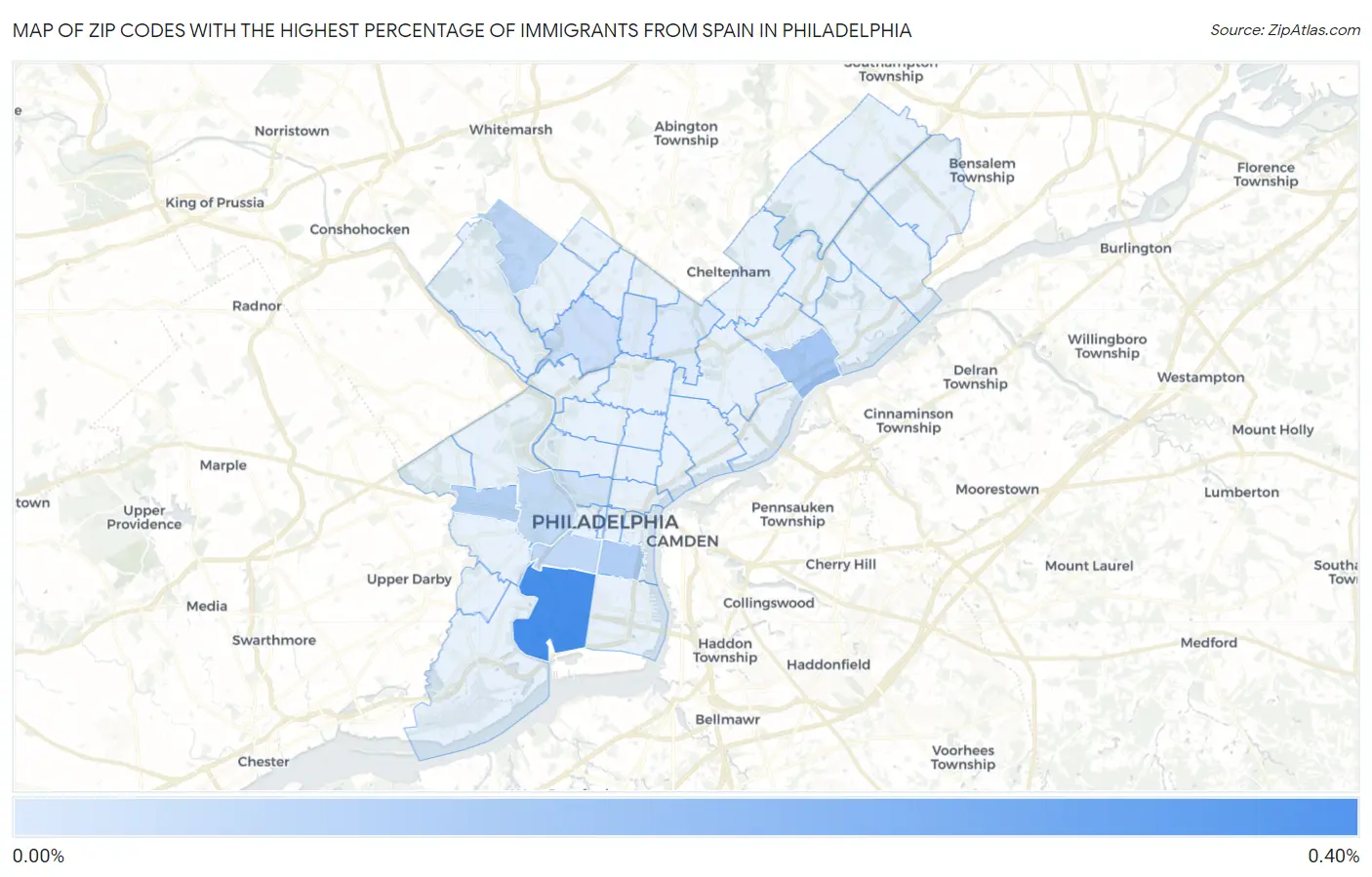 Zip Codes with the Highest Percentage of Immigrants from Spain in Philadelphia Map