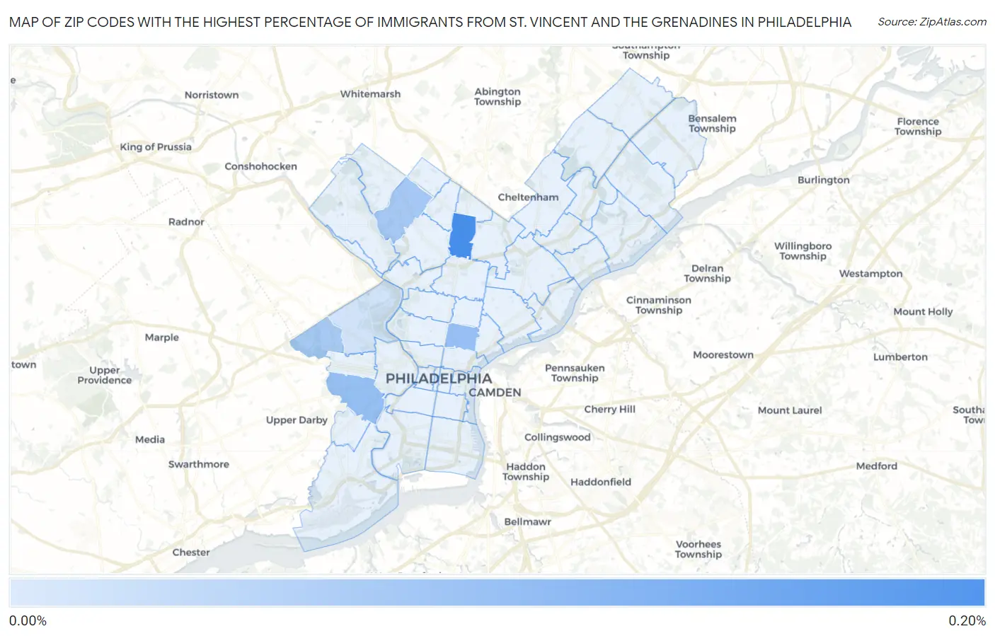 Zip Codes with the Highest Percentage of Immigrants from St. Vincent and the Grenadines in Philadelphia Map