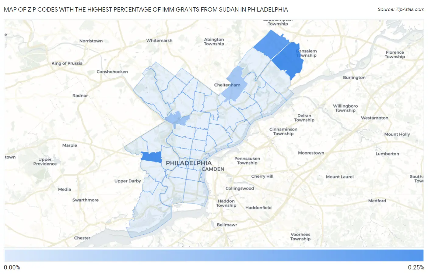 Zip Codes with the Highest Percentage of Immigrants from Sudan in Philadelphia Map