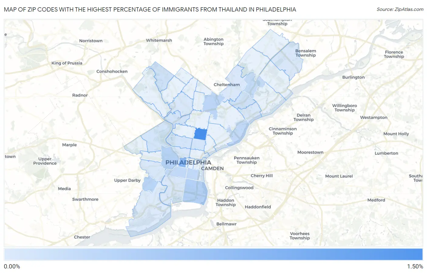 Zip Codes with the Highest Percentage of Immigrants from Thailand in Philadelphia Map
