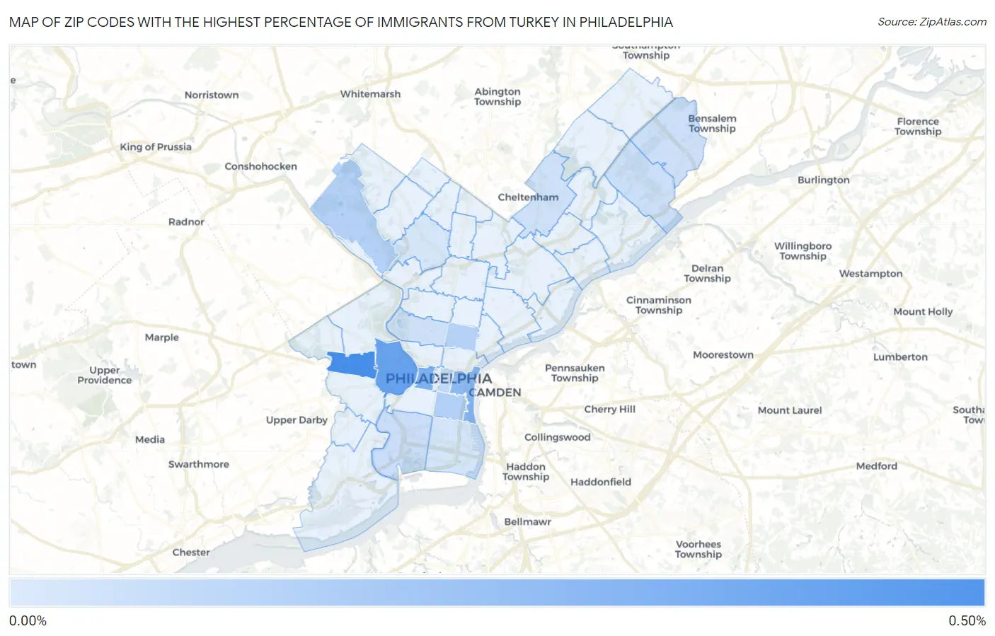 Zip Codes with the Highest Percentage of Immigrants from Turkey in Philadelphia Map