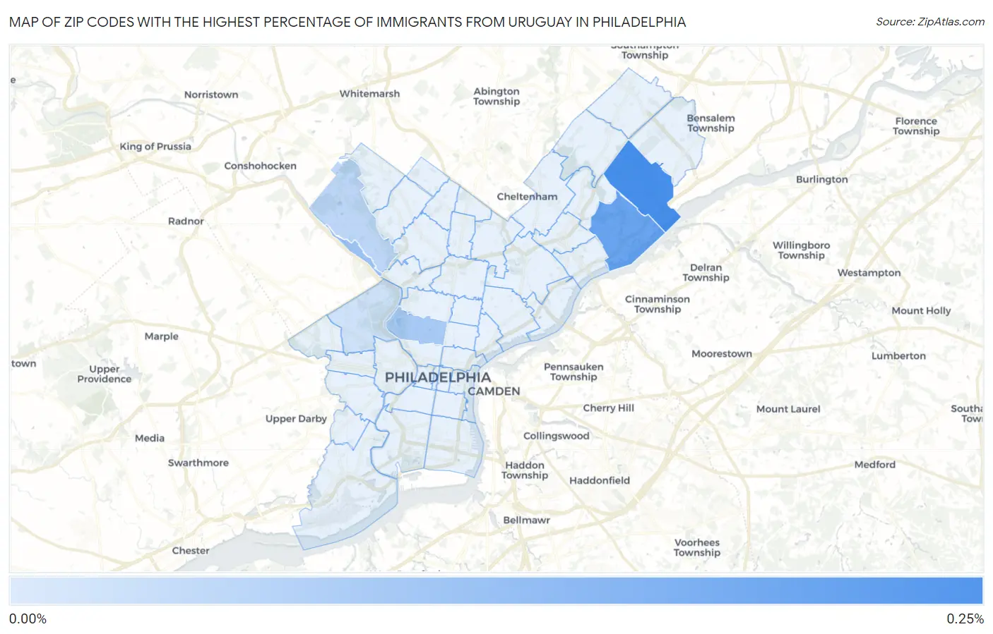 Zip Codes with the Highest Percentage of Immigrants from Uruguay in Philadelphia Map