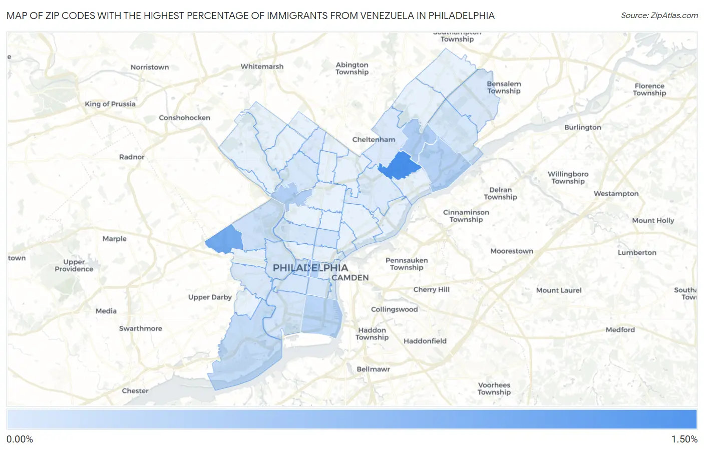 Zip Codes with the Highest Percentage of Immigrants from Venezuela in Philadelphia Map