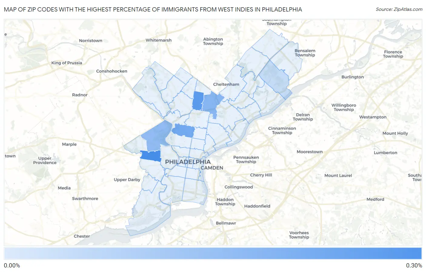 Zip Codes with the Highest Percentage of Immigrants from West Indies in Philadelphia Map