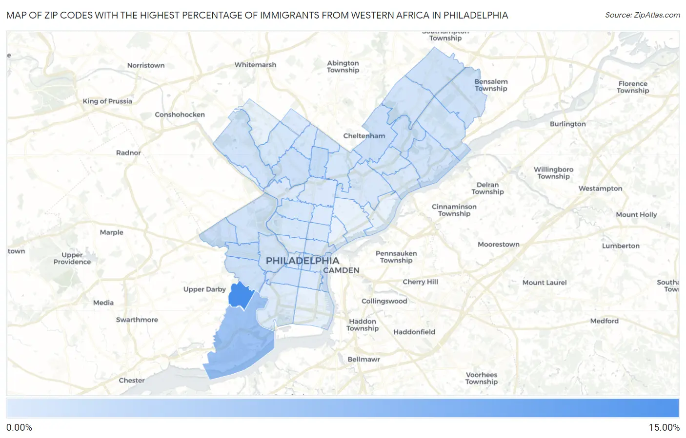 Zip Codes with the Highest Percentage of Immigrants from Western Africa in Philadelphia Map
