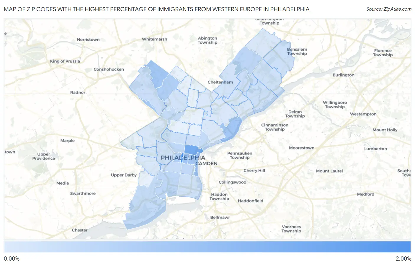 Zip Codes with the Highest Percentage of Immigrants from Western Europe in Philadelphia Map