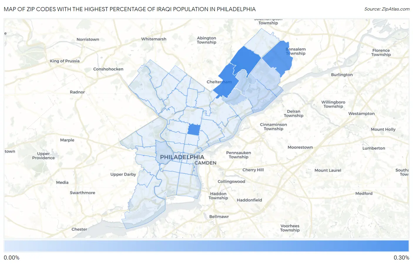 Zip Codes with the Highest Percentage of Iraqi Population in Philadelphia Map