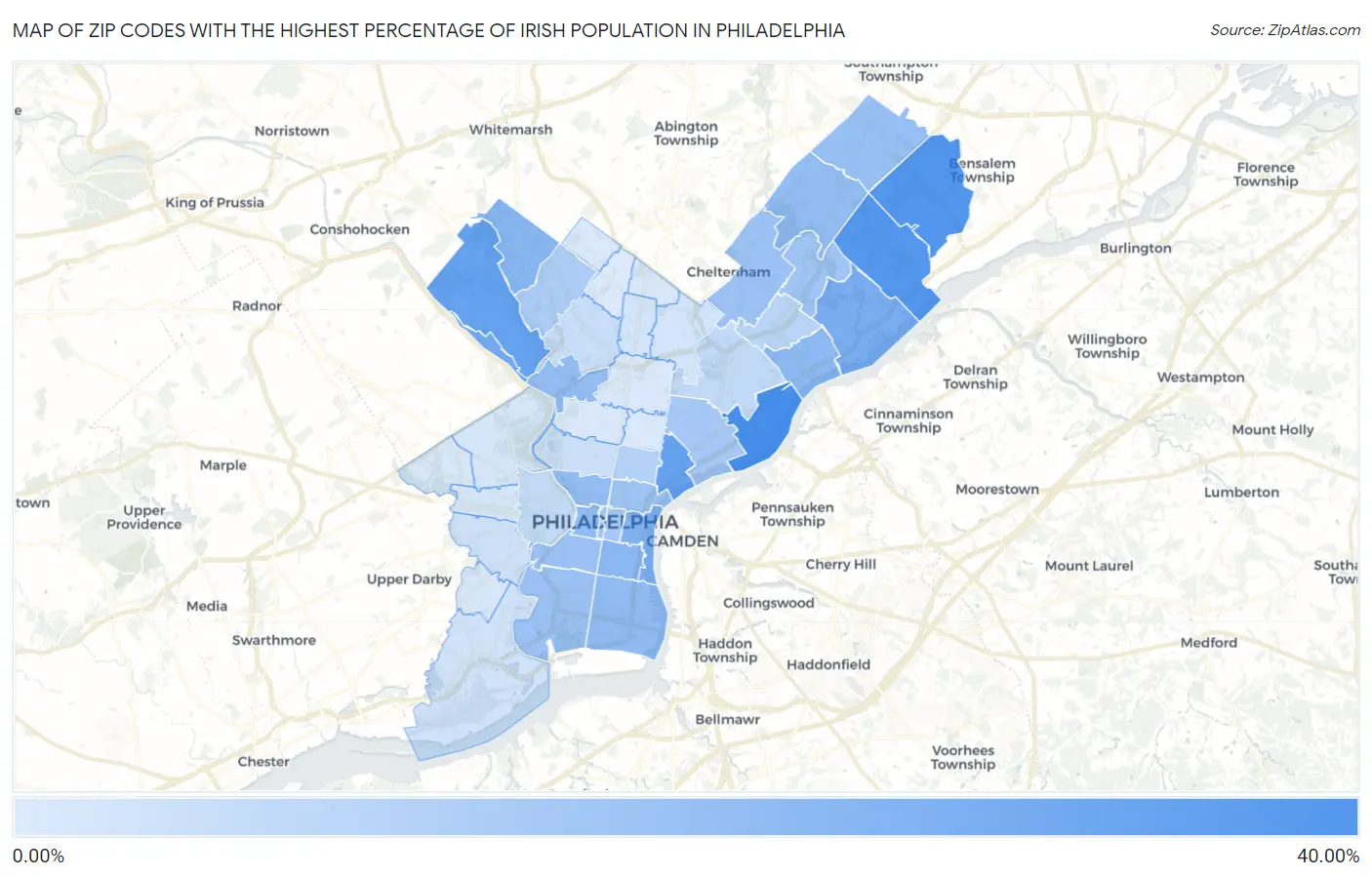 Zip Codes with the Highest Percentage of Irish Population in Philadelphia Map