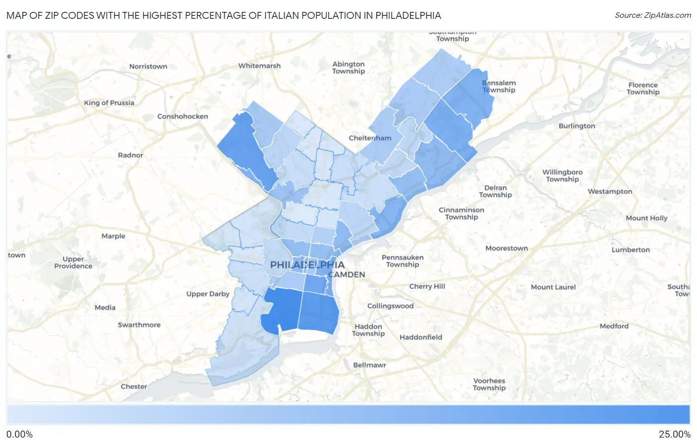Zip Codes with the Highest Percentage of Italian Population in Philadelphia Map