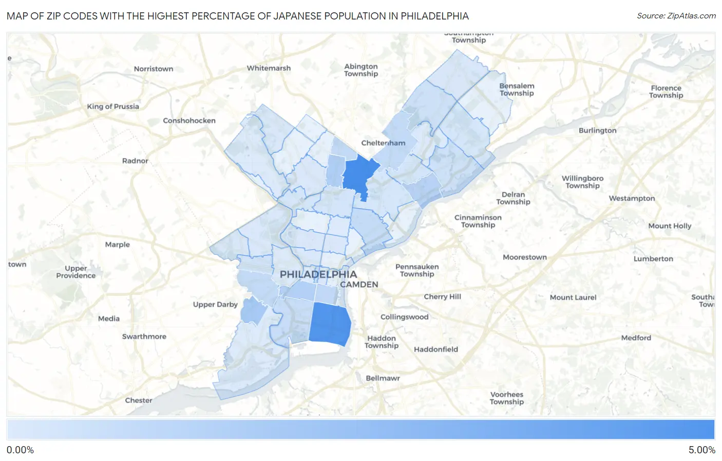 Zip Codes with the Highest Percentage of Japanese Population in Philadelphia Map