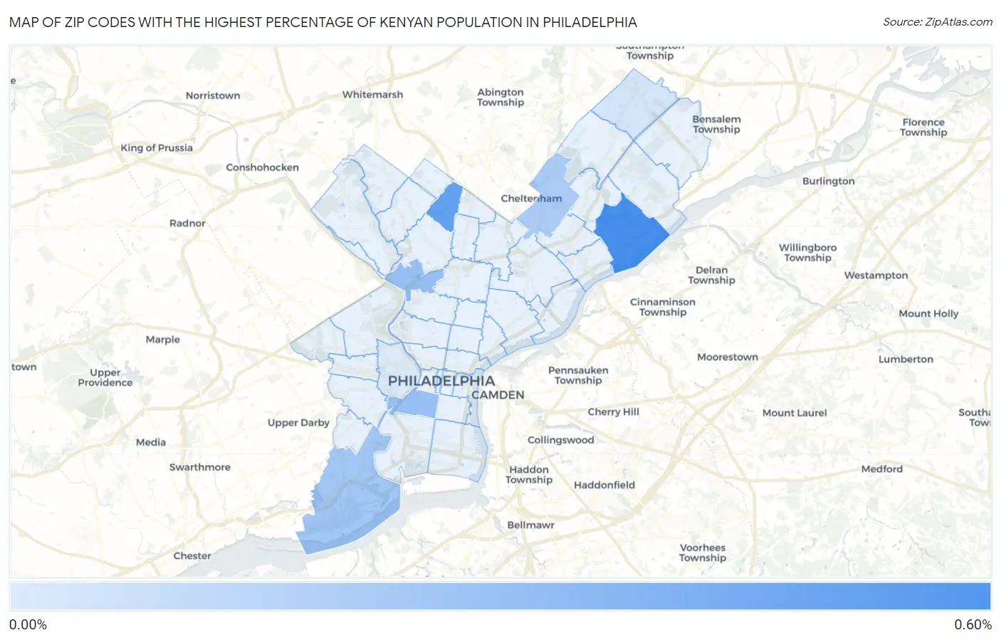 Zip Codes with the Highest Percentage of Kenyan Population in Philadelphia Map