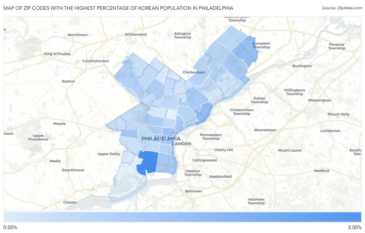 Zip Codes with the Highest Percentage of Korean Population in Philadelphia Map