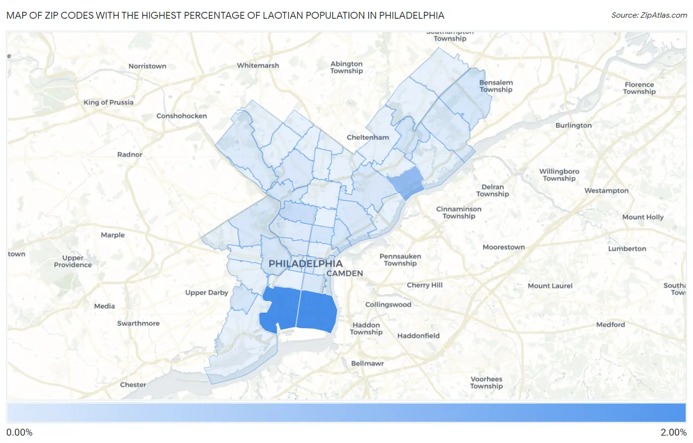 Zip Codes with the Highest Percentage of Laotian Population in Philadelphia Map