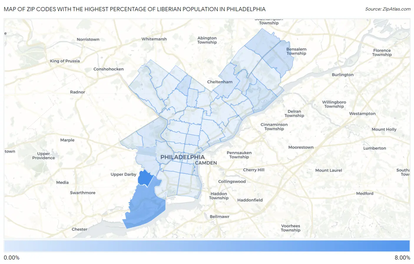 Zip Codes with the Highest Percentage of Liberian Population in Philadelphia Map