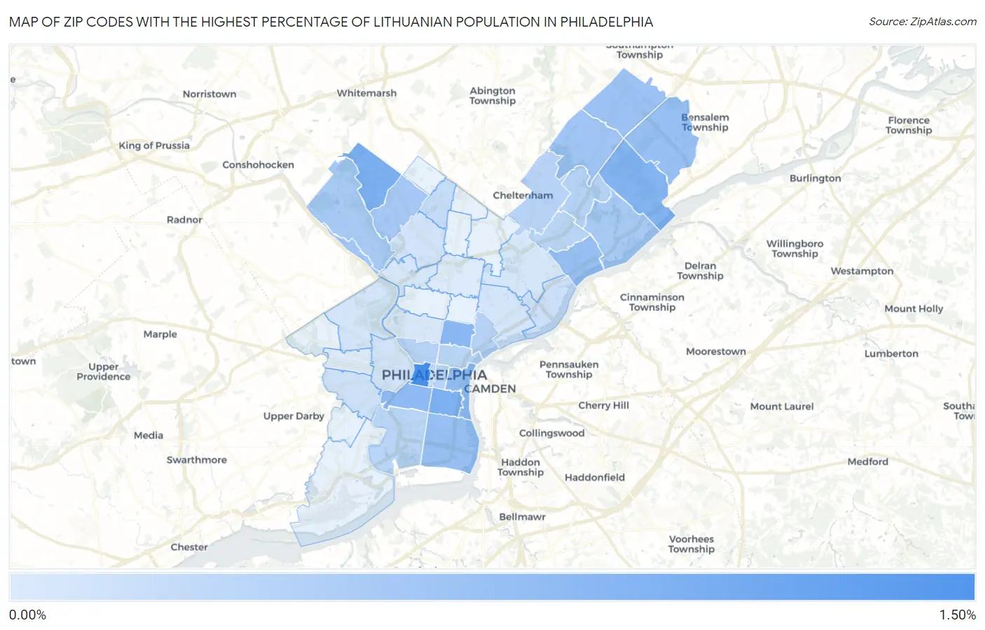 Zip Codes with the Highest Percentage of Lithuanian Population in Philadelphia Map