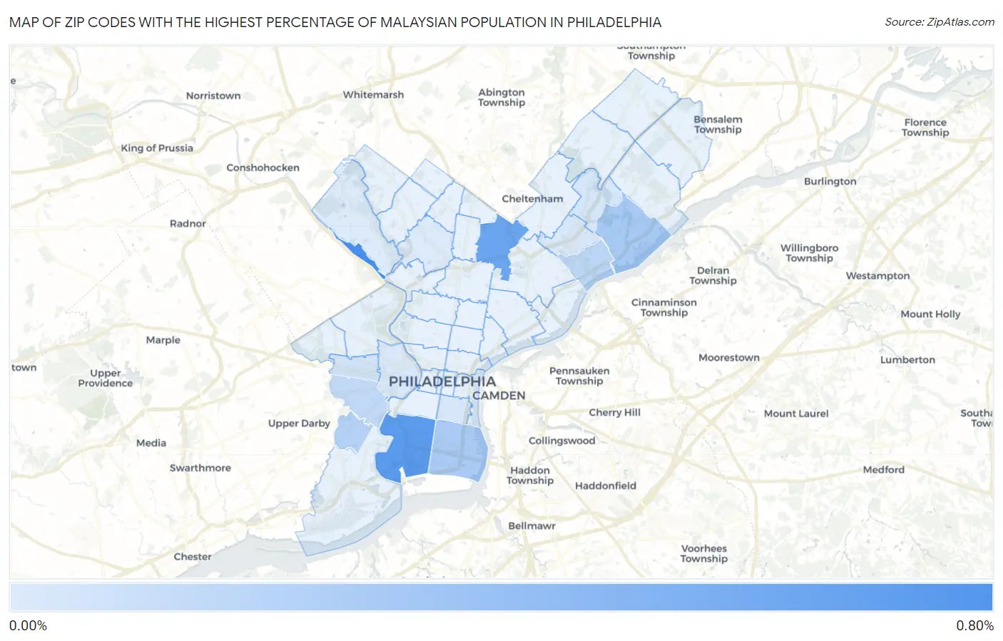 Zip Codes with the Highest Percentage of Malaysian Population in Philadelphia Map