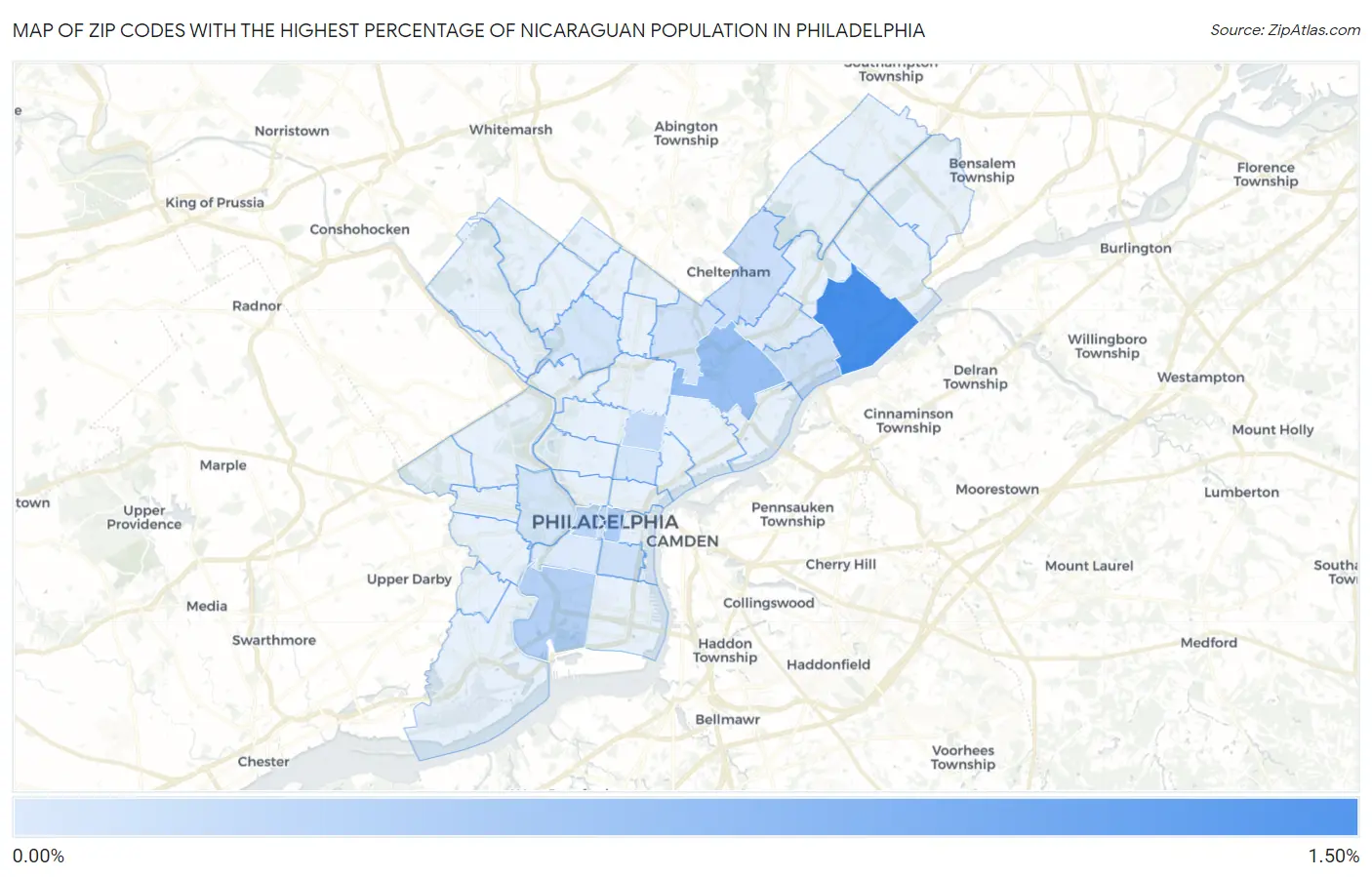 Zip Codes with the Highest Percentage of Nicaraguan Population in Philadelphia Map