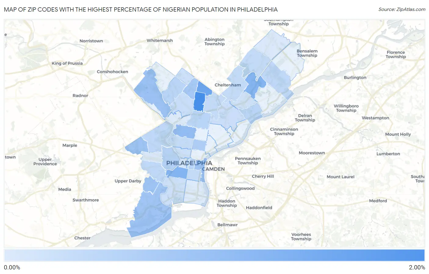 Zip Codes with the Highest Percentage of Nigerian Population in Philadelphia Map