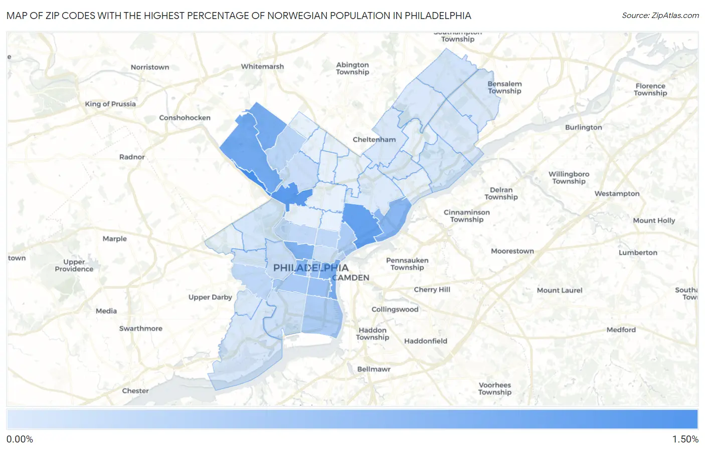 Zip Codes with the Highest Percentage of Norwegian Population in Philadelphia Map