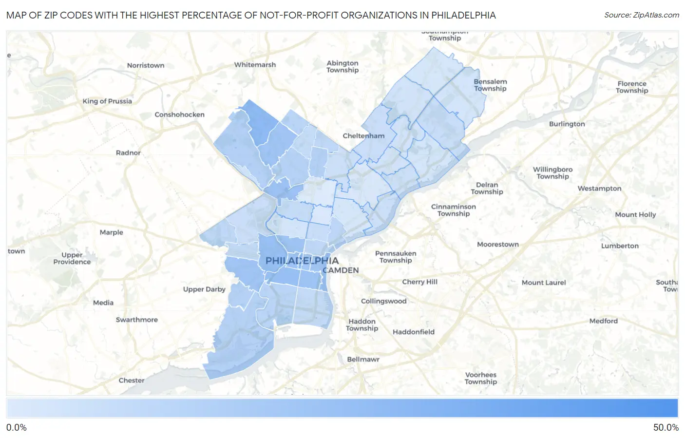 Zip Codes with the Highest Percentage of Not-for-profit Organizations in Philadelphia Map