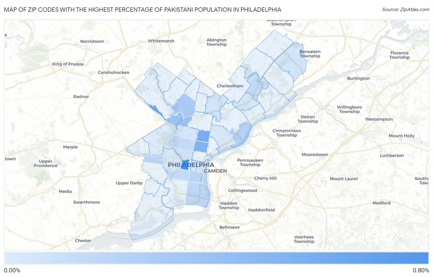 Zip Codes with the Highest Percentage of Pakistani Population in Philadelphia Map