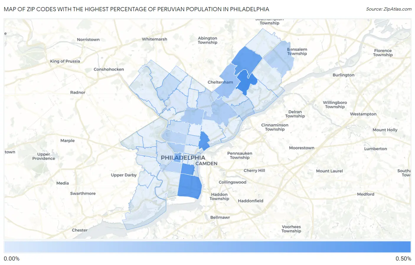 Zip Codes with the Highest Percentage of Peruvian Population in Philadelphia Map