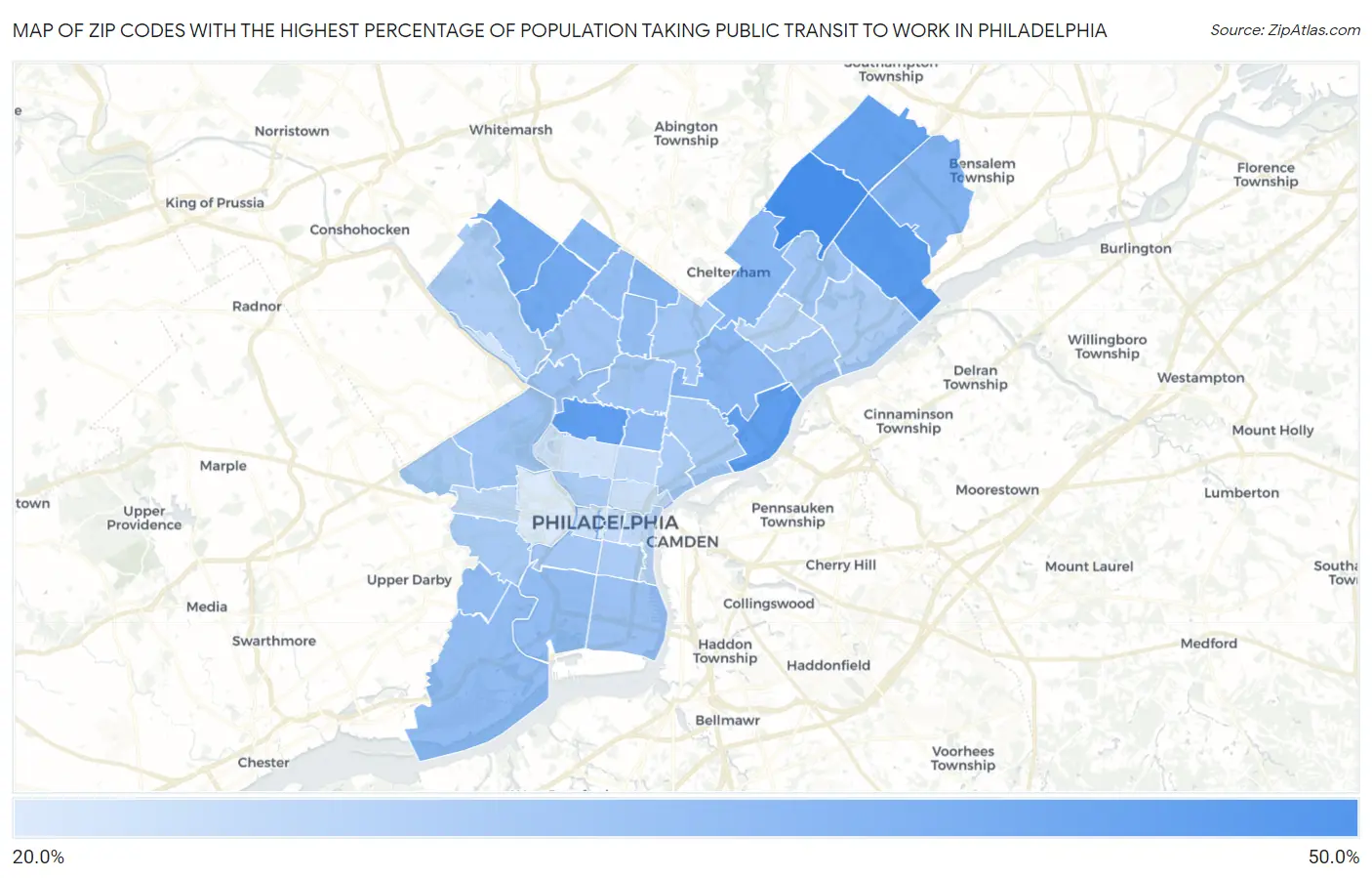 Zip Codes with the Highest Percentage of Population Taking Public Transit to Work in Philadelphia Map