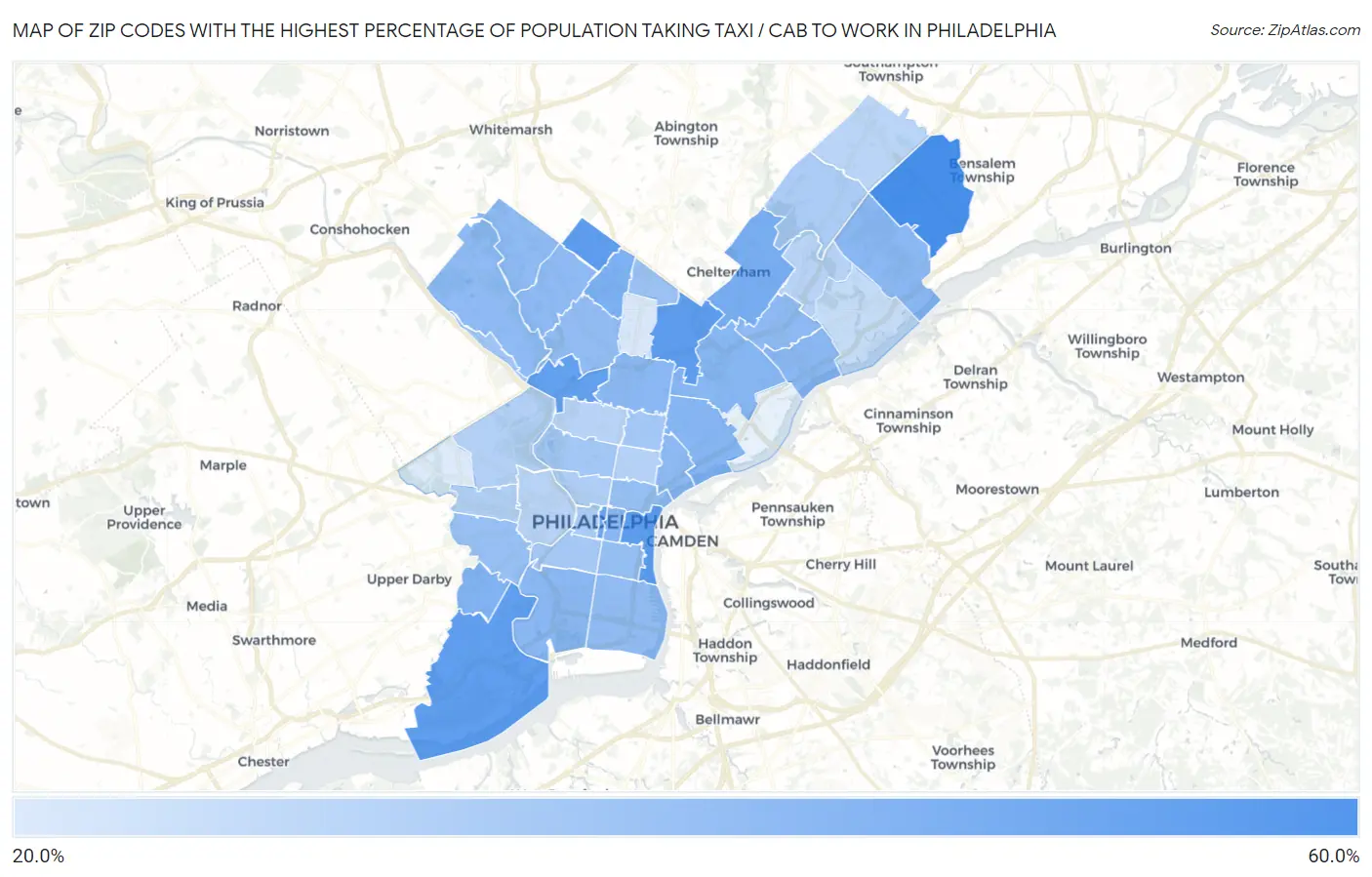 Zip Codes with the Highest Percentage of Population Taking Taxi / Cab to Work in Philadelphia Map