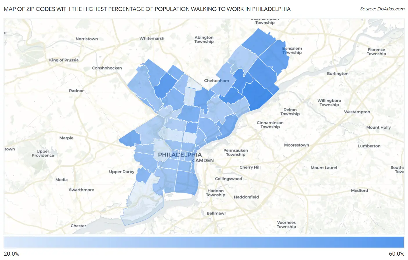 Zip Codes with the Highest Percentage of Population Walking to Work in Philadelphia Map