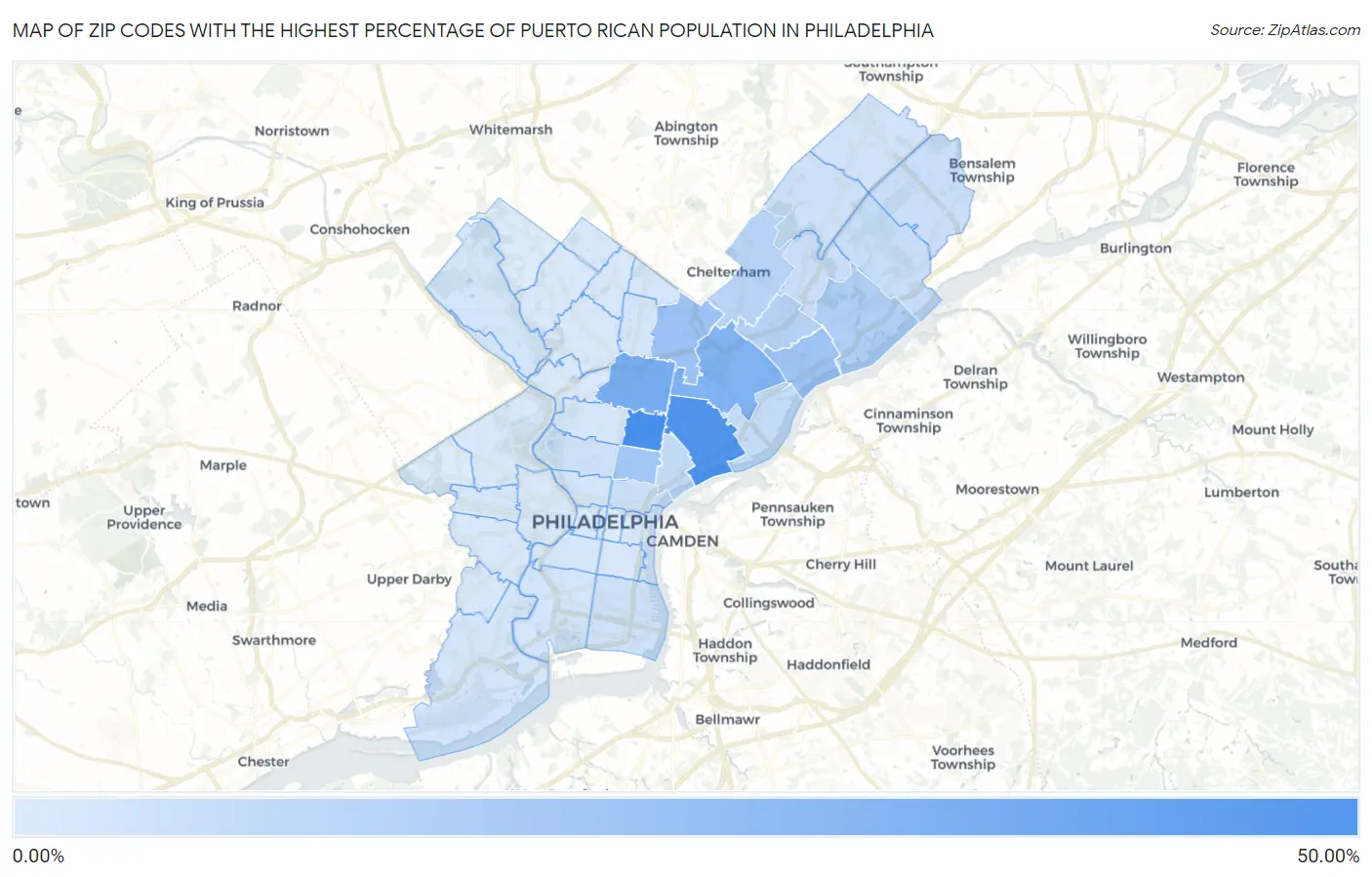 Zip Codes with the Highest Percentage of Puerto Rican Population in Philadelphia Map