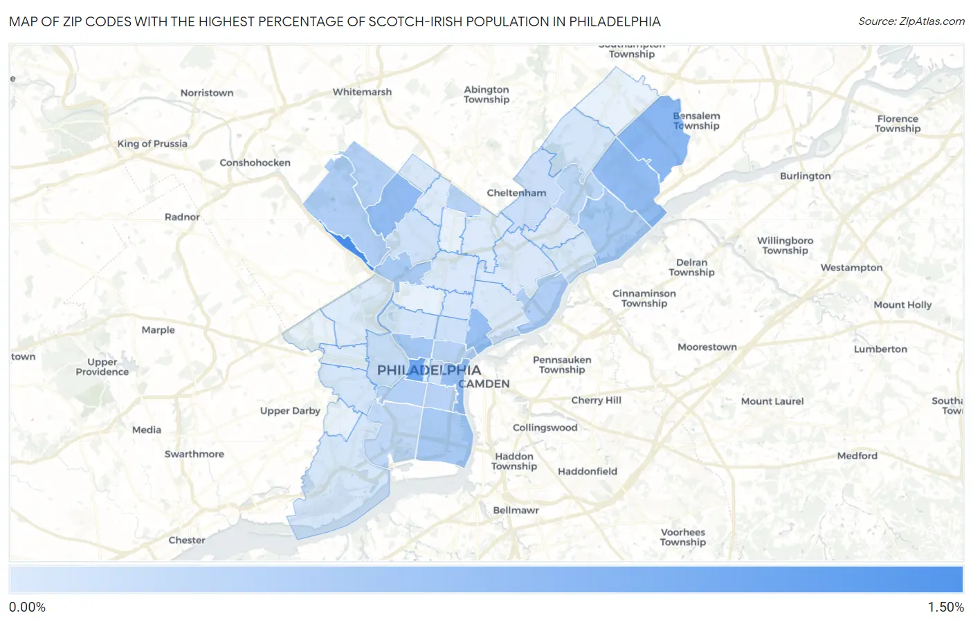 Zip Codes with the Highest Percentage of Scotch-Irish Population in Philadelphia Map