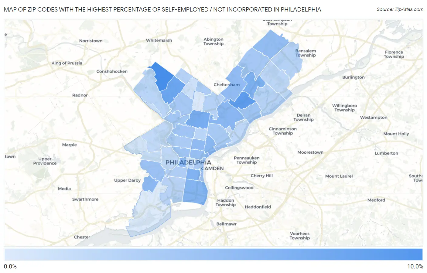 Zip Codes with the Highest Percentage of Self-Employed / Not Incorporated in Philadelphia Map