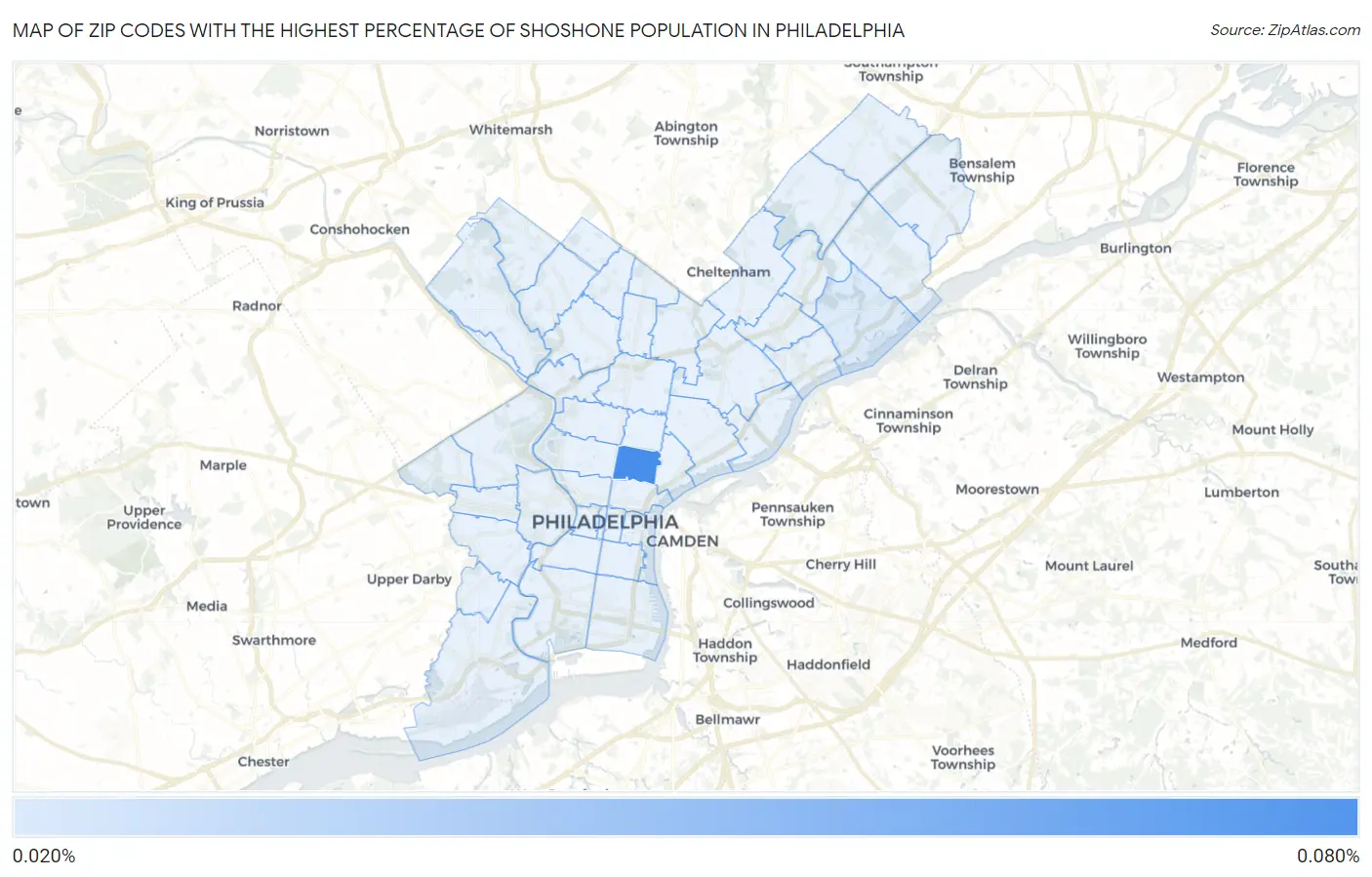 Zip Codes with the Highest Percentage of Shoshone Population in Philadelphia Map