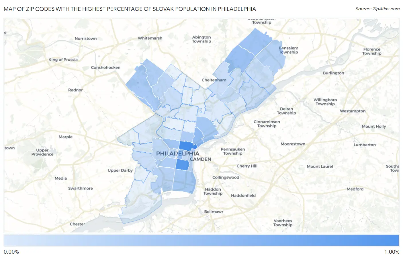 Zip Codes with the Highest Percentage of Slovak Population in Philadelphia Map