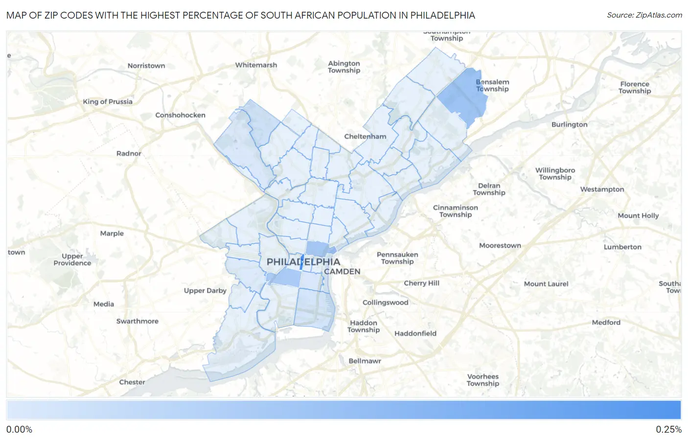 Zip Codes with the Highest Percentage of South African Population in Philadelphia Map