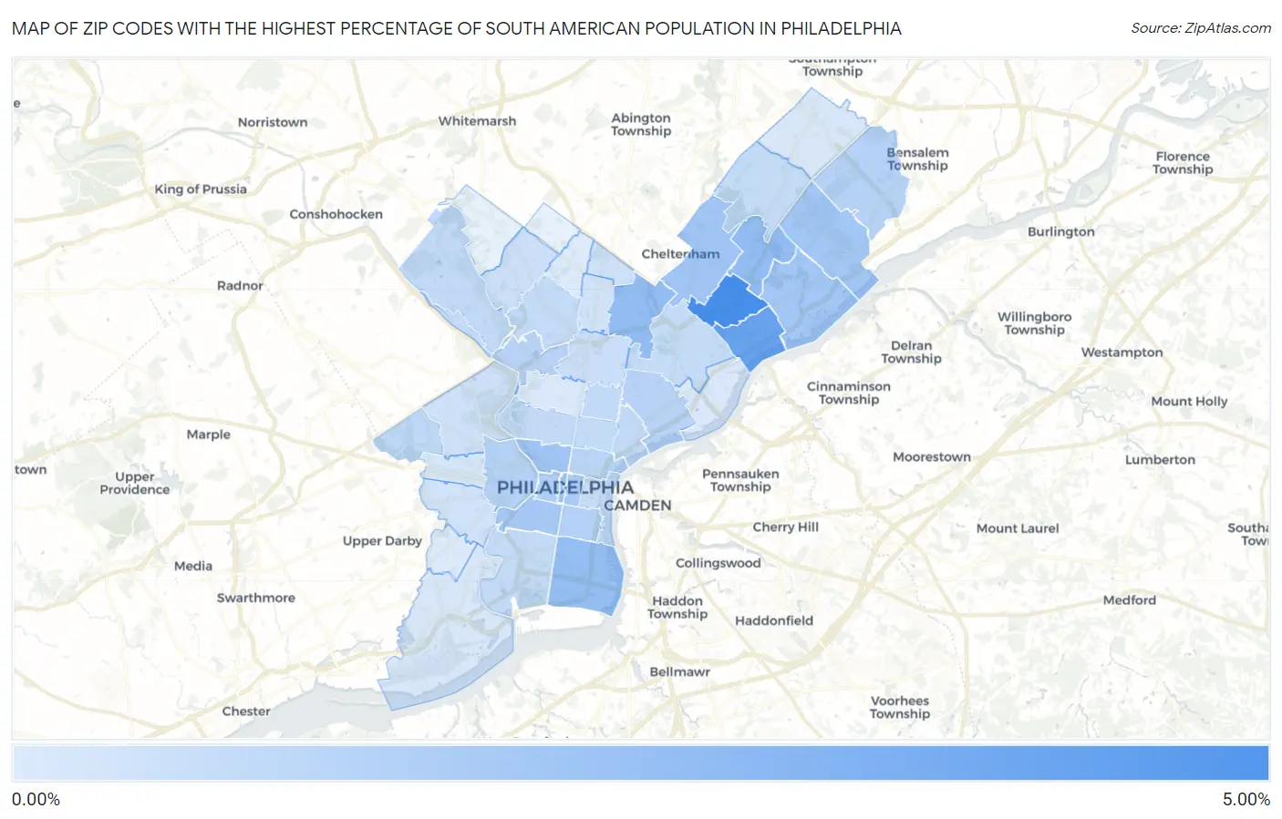 Zip Codes with the Highest Percentage of South American Population in Philadelphia Map