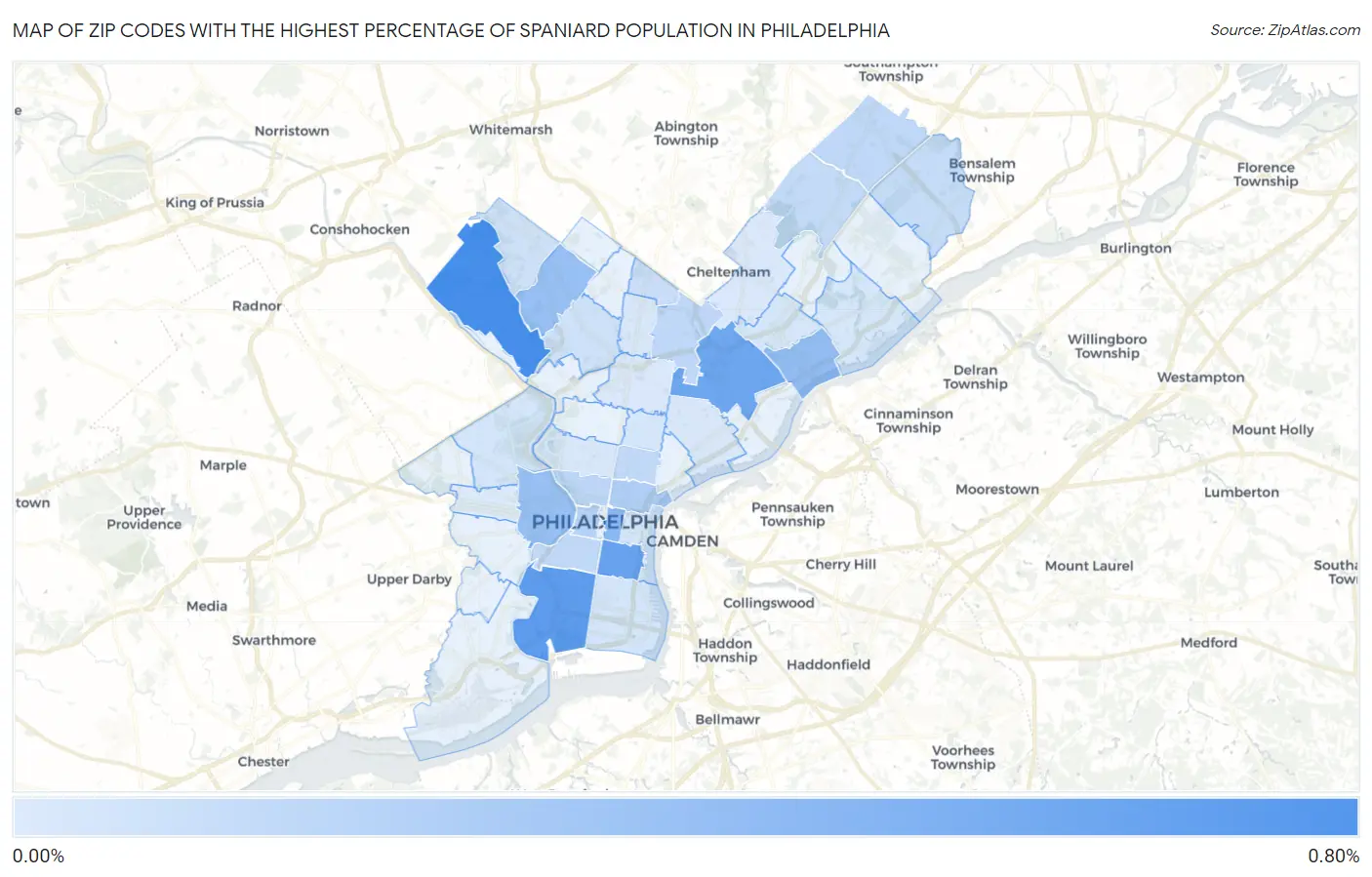 Zip Codes with the Highest Percentage of Spaniard Population in Philadelphia Map