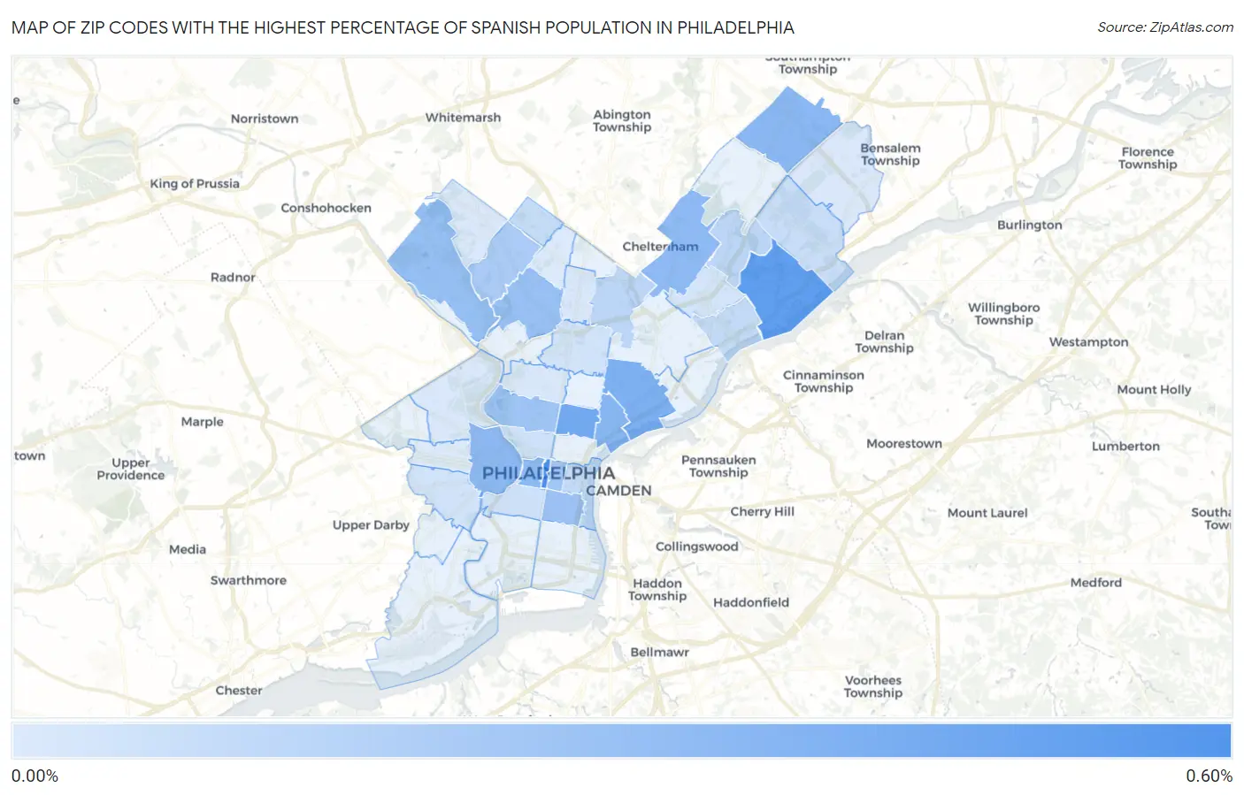 Zip Codes with the Highest Percentage of Spanish Population in Philadelphia Map